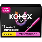 U by Kotex Click Compact Tampons, Regular, Unscented, 45 Count | BPA Free, Gynecologist Tested, Smooth Tip Insertion, Individually Wrapped, Pocket-Ready, Leak Free Protection
