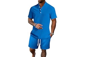 BEALIN Men's Summer Beach Outfits 2 Piece Vintage Short Sleeve Henley Shirts and Shorts Vacation Texture Sets for Men