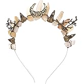 CoTeeZa Fairy Crystal Crow Skull Crown - Raw Quartz Witch Tiara with Bronze Moon, Headband for Renaissance Wedding Prom