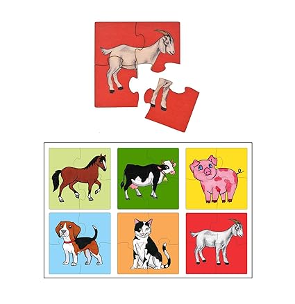 RK Cart Farm Animals Simple Puzzles for Kids, 4 Piece Wooden Jigsaw Fun Learning Toys, Set of 6