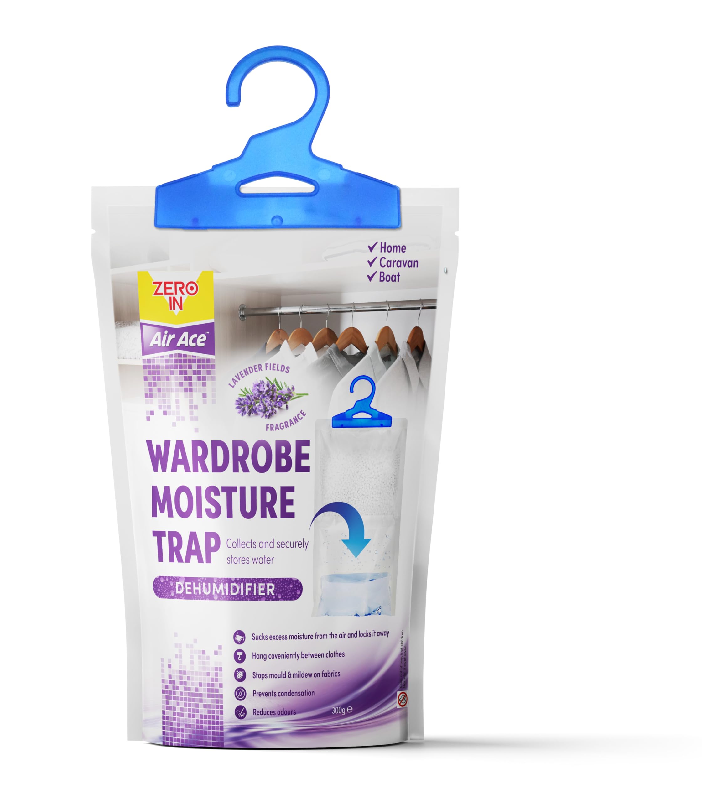 Zero In Wardrobe Dehumidifier – Lavender Scent – 300 g | Hanging Moisture Absorber with Hook | Prevents Damp, Mould & Odours | No-Spill Pouch for Wardrobes & Cupboards | Refreshing Lavender Fragrance