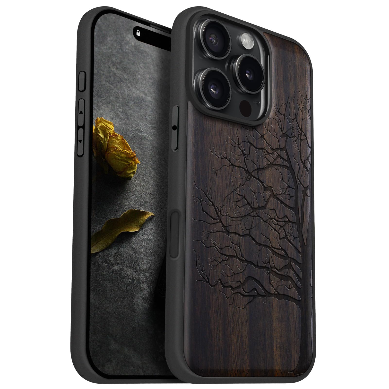 Carveit Magnetic Case for iPhone 16 Pro [Solid Wood & Black Soft TPU] Shockproof Protective Cover Unique Wooden Case Compatible with magsafe (Eternal Tree -Blackwood)