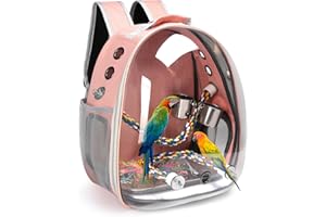 SSAWCASA Bird Backpack Carrier, Travel Bird Cage for Small Medium Size Parrot Parakeet Budgies Cockatiel, Portable Clear Bubble Window Bag with Stainless Steel Tray Food Bolw Standing Perch (Pink)