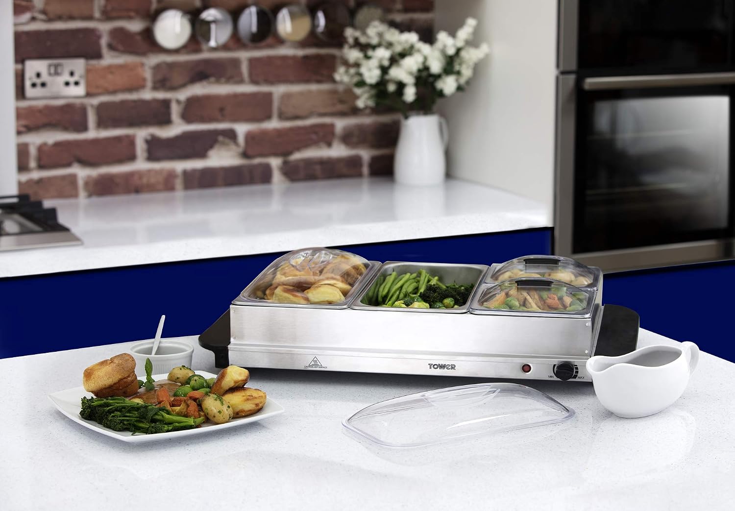 Tower Four Buffet Server and Plate Warmer with 2 x 2.4 and 2 x 1.2 Litre Trays Capacity, 300 W, Stainless Steel - Image 3