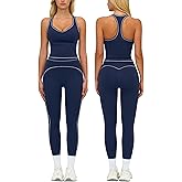 PQBPQB Women 2 Piece Workout Sets Racerback Color Block Tank Top High Waist Tummy Control Active Leggings Pilates Outfits