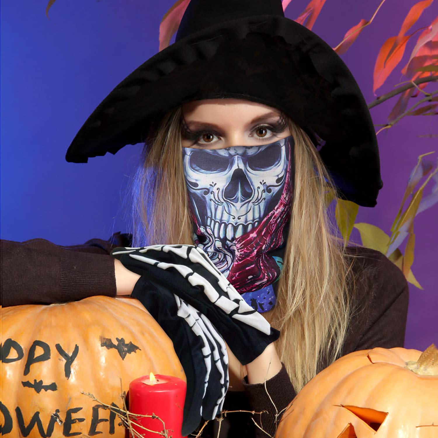 ZOYLINK 2 Pares de Guantes de Halloween Scary Skeleton Novelty Gloves con 2 mascarillas de Ciclismo