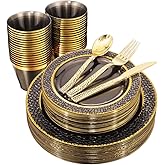 Nervure 150PCS Clear Black Plastic Plates - Gold Party Plates - Black and Gold Dinnerware Set Include: 50 Plate, 25Cups, 25Forks, 25Knives, 25Spoons for New Year & Party & Halloween