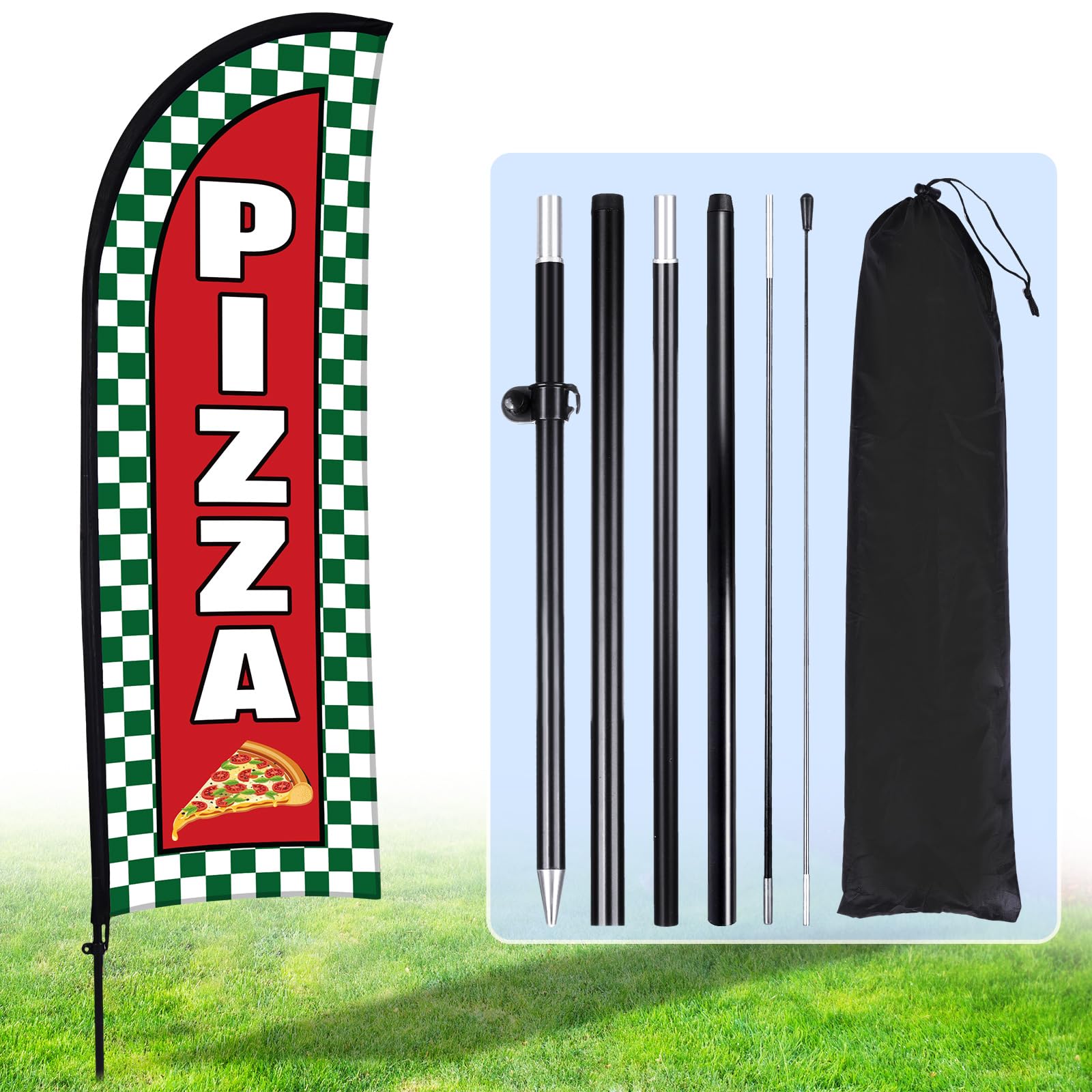 Photo 1 of Hahafelt Pizza Feather Flag Banner for Business Advertising 7 x 5.4 ft Pizza Advertising Flag Sign with Flagpole Ground Stake Portable Bag Barbecue Signs Flag Banner Set for Outdoor Ground (Red)