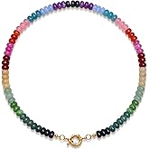 BONNY BOXX Handmade Colorful Rondelle Gemstone Beaded Necklace with Copper Gold-Plated Clasp for Women Fall Gift, 5 * 8MM Rainbow Dyed Jade Stone Choker Necklace 17" Length (Style 3)
