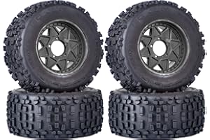 RCTHJIA 3.8" MT Monster Truck Tires with Foam Insert - 17mm/14mm/12mm Hex Adapters Included, Compatible with TRAXXAS Sledge, ARRMA KRATON, Outcast, Tamiya, HSP (Set of 4), Replacement Part of AR510092