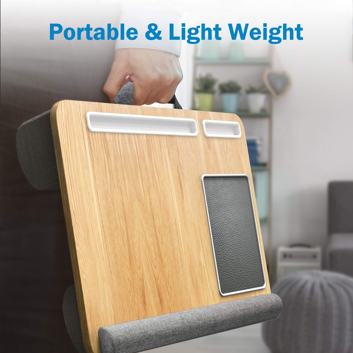Lap Desk - Fits up to 17 inches Laptop Desk, Built in Mouse Pad & Wrist Pad for Notebook, MacBook, Tablet, Laptop Stand with Tablet, Pen & Phone Holder (Wood Grain) : Office Products