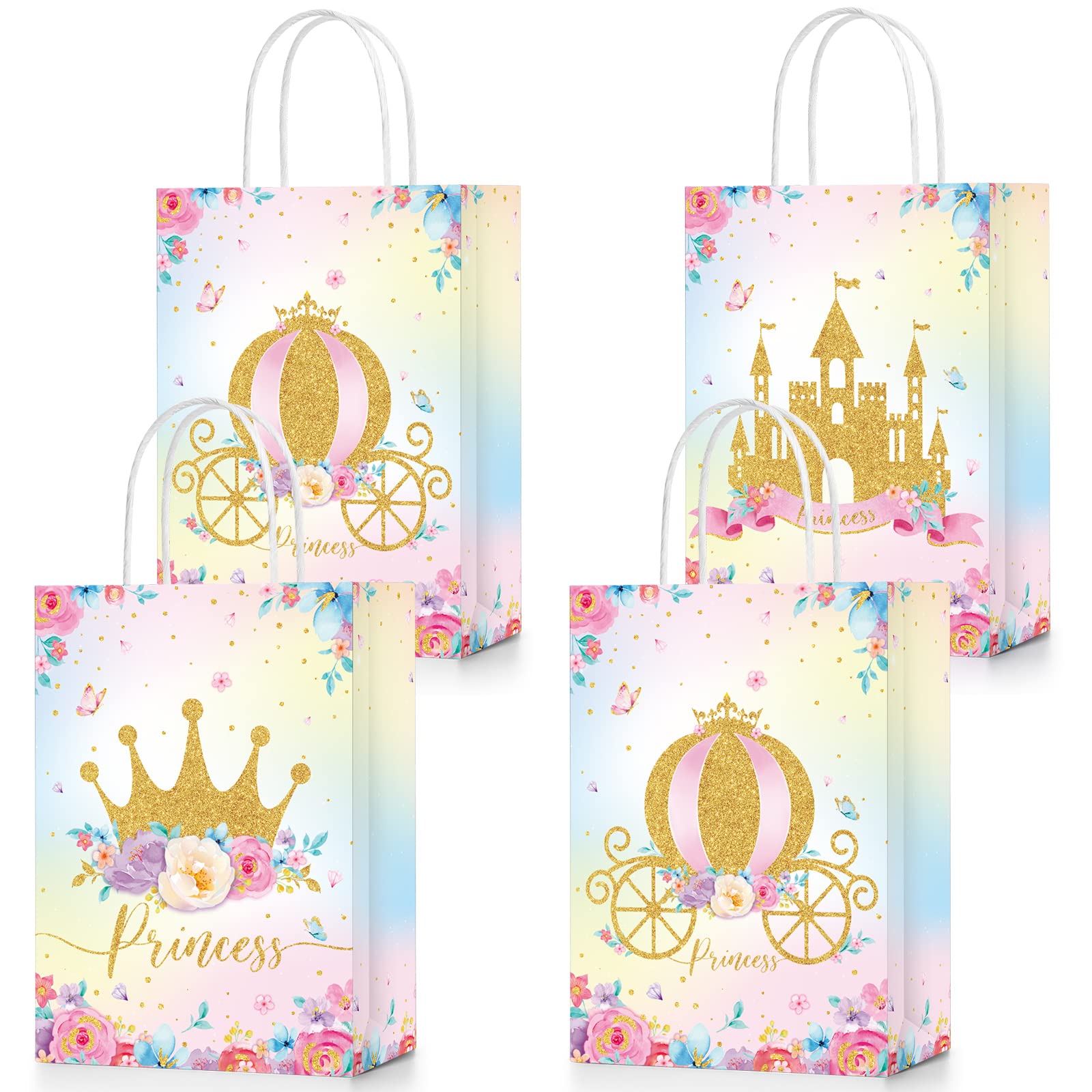 Sepamoon 24 Pcs Princess Themed Party Favor Bags Pink Castle Treat with Handles Theme Candy Goodie for Girl Birthday Baby Shower Wedding Supplies, 3 Styles