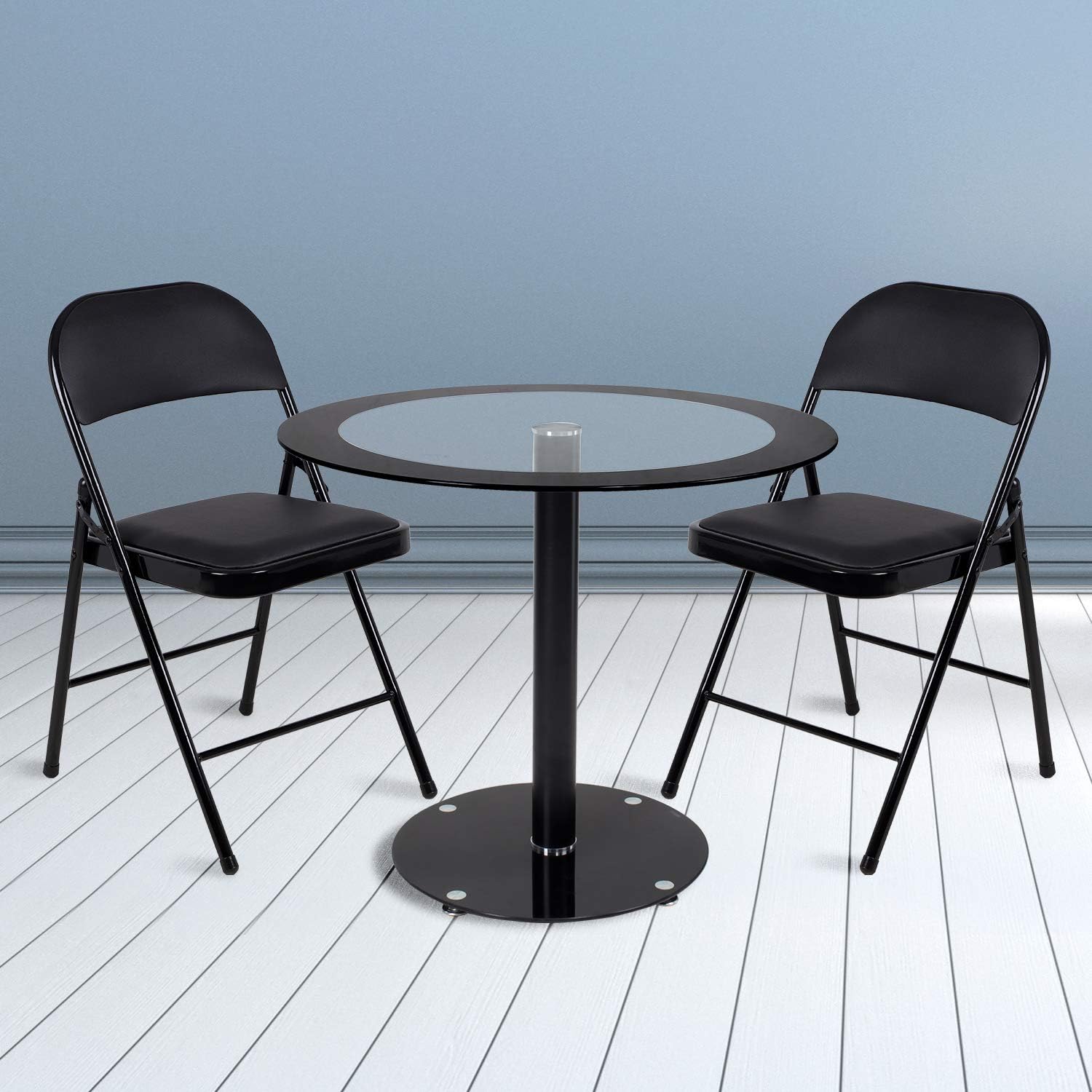 Dining Table and Chairs Set of 2, Glass Round Coffee Table with 2 Folding Black Chairs, Outdoor & Indoor Furniture for Home, Office, Dining Room, Kitchen, Balcony, Garden (Glass table +2 Chairs)