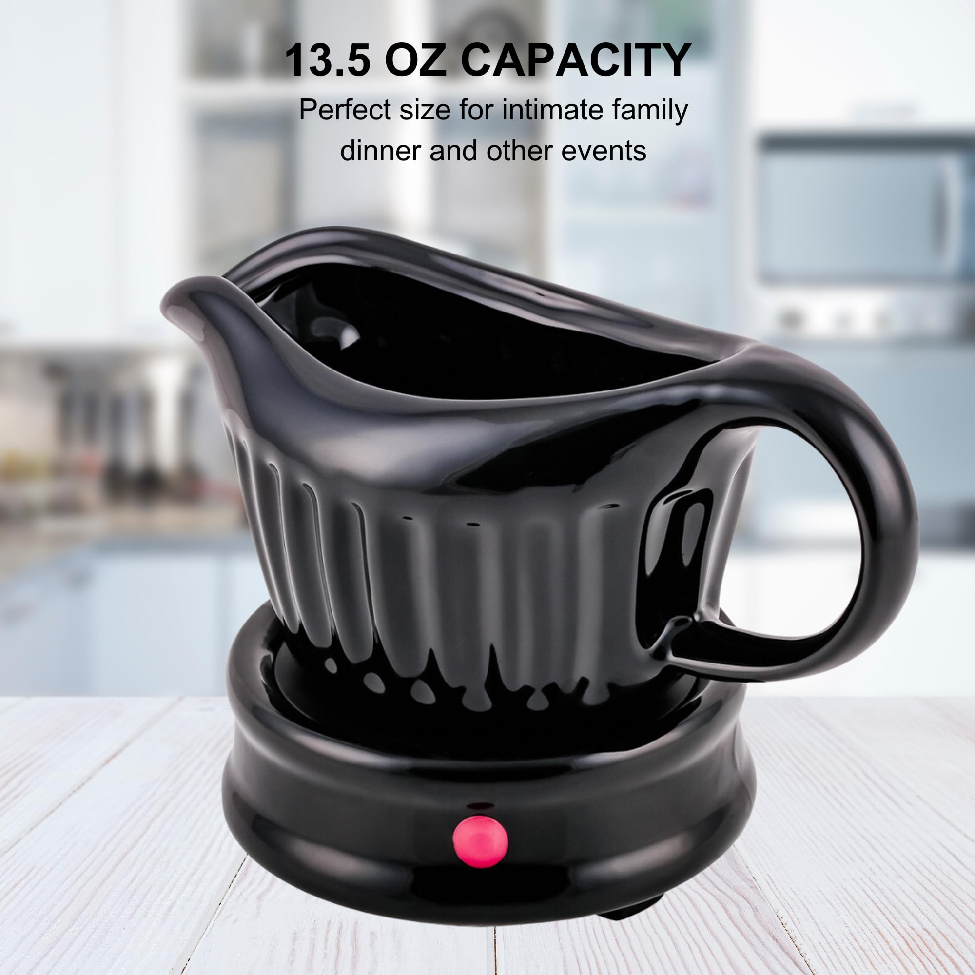 OVENTE Electric Gravy Boat Warmer with Ceramic Pot and Lid, Detachable Warming Base and Easy-Pour Spout, 13.5 Ounce Ideal for Small Parties, Entertaining, Thanksgiving and Holiday, Black FW024589B
