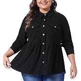 Agnes Orinda Plus Size Corduroy Shirts for Women Peplum Cute Long Sleeve Button Down Blouses with Pockets Tops