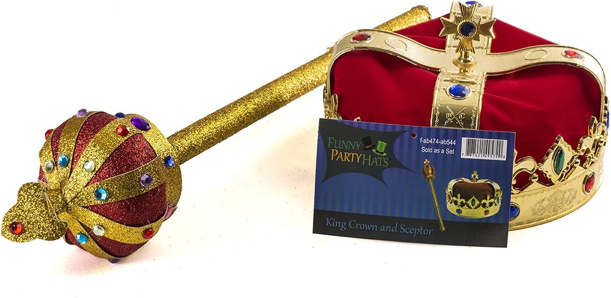 Funny Party Hats Royal King’s Crown & Scepter - King Costume - Gold Costume Crown - Dress Up Accessories - 2 Pc: Toys & Games