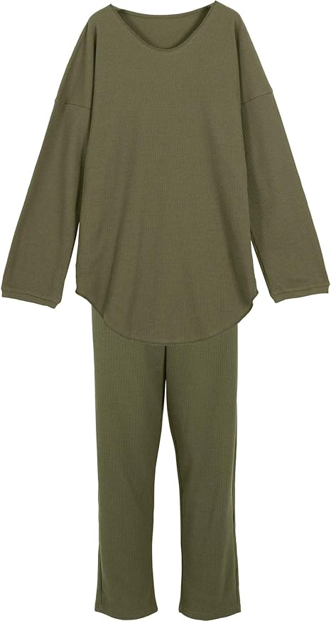 Amazon 神戸レタス パンツスーツ 2点セット ワッフル ワンマイルウェア セットアップ E2452 レディース 長袖 無地 ワンサイズ M カーキ パンツスーツ 通販