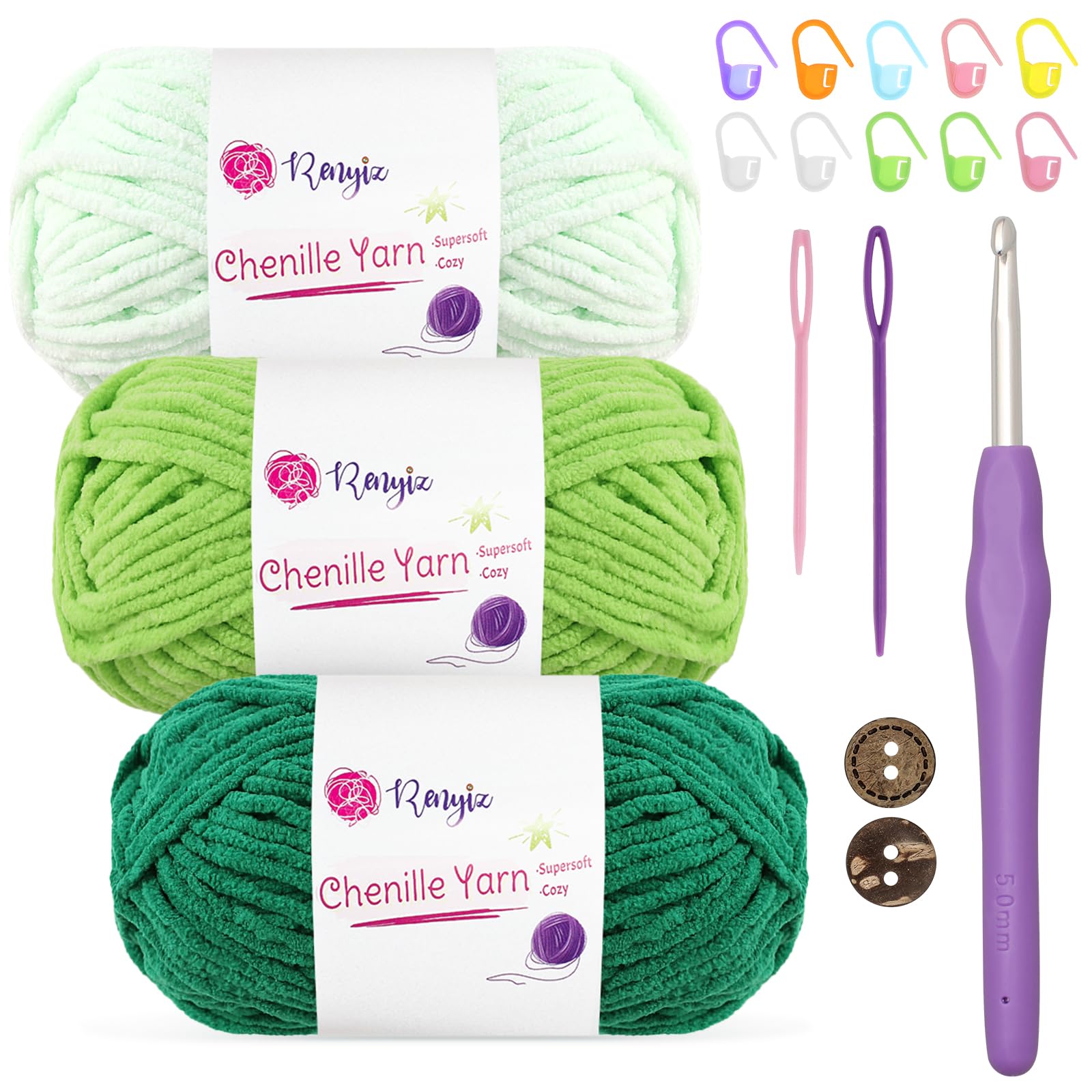 Renyiz Chenille Chunky Yarn for Crochet 3x50g (60m/Skein) Soft Fluffy Wool Ideal for Blankets, Amigurumi, Beginner Crocheters, with 5mm Crochet Hook (Green-3) — image 1