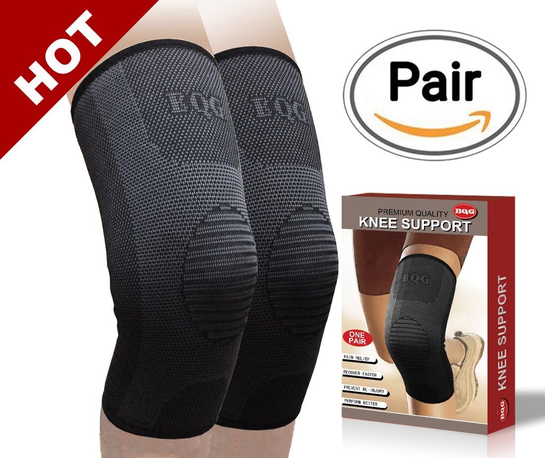 BQG Knee Support Compression Sleeve (2 Count), Upgraded Knee Brace for Joint Pain & Arthritis Relief, Injury Recovery, Ultra Durable for Running, Weightlifting, Tennis, Basketball. with E-Book