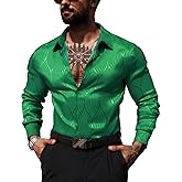 ZSJR Men Metallic Satin Dress Shirt Luxury Jacquard Long Sleeve Casual Button Down Shirts Silk Shirts