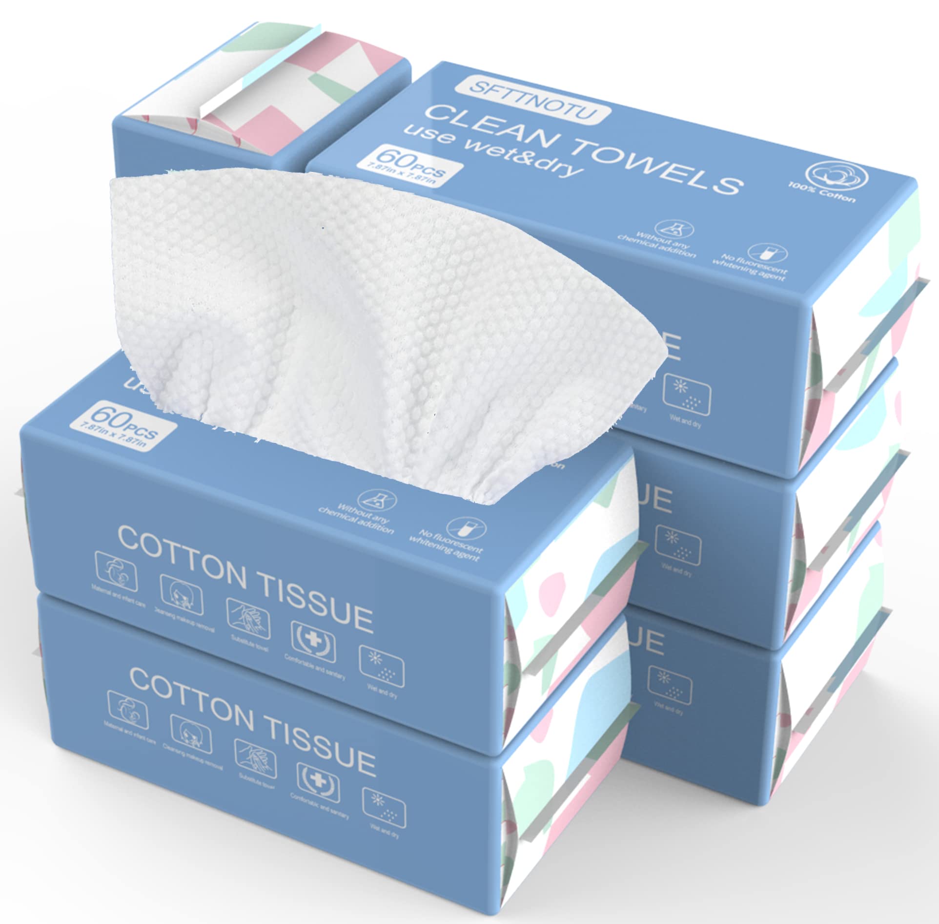 SFTTNOTU Face Towel Disposable Soft Dry Wipes Disposable Face Cloths for Washing Soft Cotton Dry Baby Skincare Portable Cleaning Wipes for Home and Travel, 6 Packs(20x20cm 360 Counts)