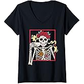 Womens Sugar Skull Skeleton Drinking Coffee V-Neck T-Shirt