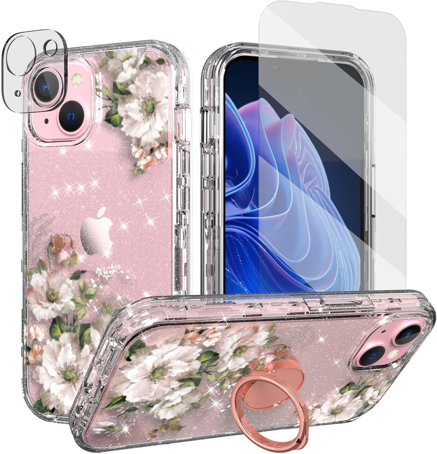 Paintings - ACKETBOX for iPhone 15 Case with Screen Protector & Camera Lens Protector + Ring Bracket，Sparkly Bling Design for Women and Girls Full Body Protective Phone Case for iPhone 15 (Flower-05)