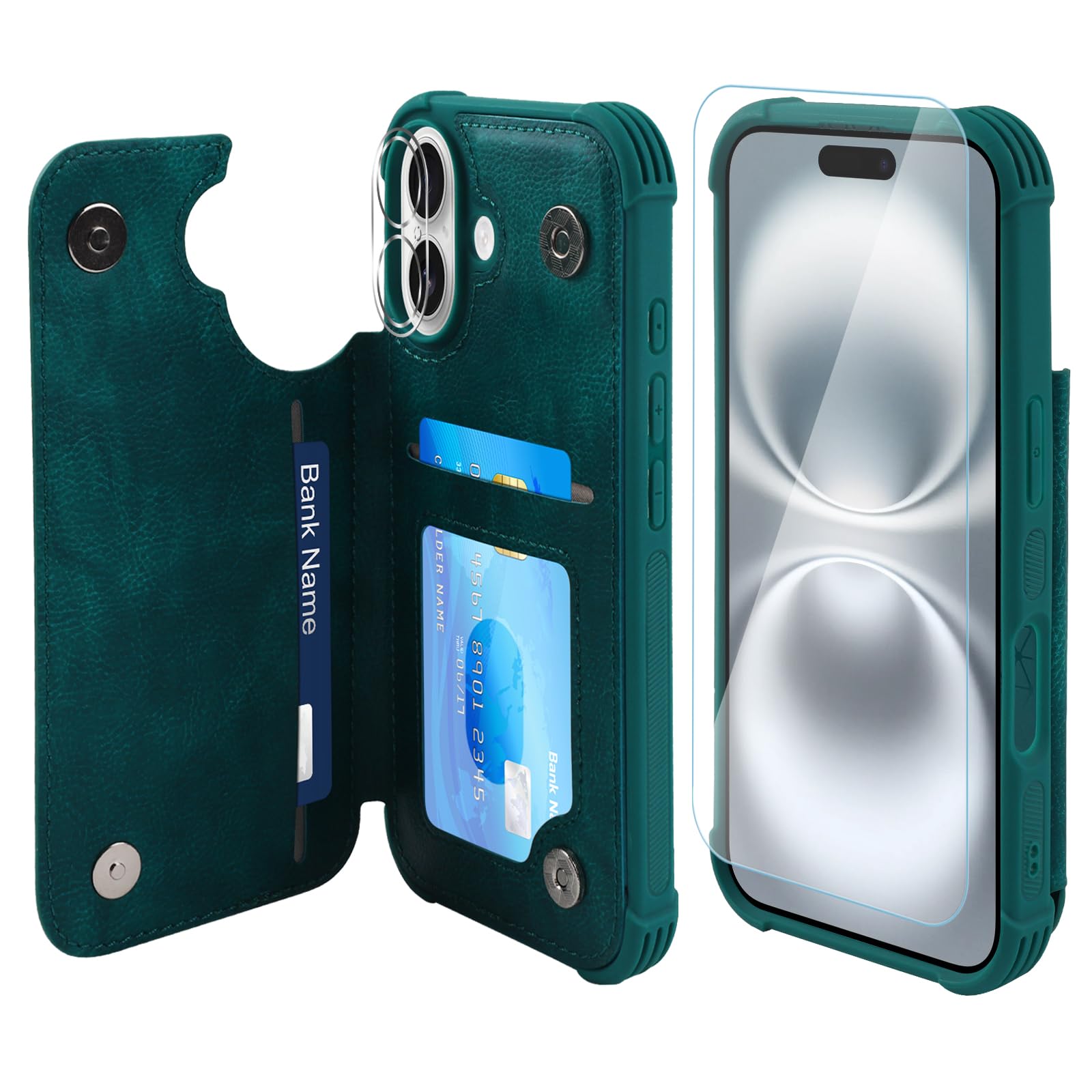 VANAVAGY Compatible for iPhone 16 Wallet Case with Credit Card Holder,Rfid Block Leather Flip Folio Phone Cover Fits Magnetic Car Mount and Stand with Screen Camera Protector,Midnight Green
