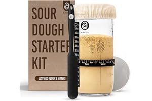 ABIOTO Sourdough Jar Kit, Includes 24 oz Sourdough Starter Jar with Metallic Lid, Silicone Spatula, Feeding Tracker, Extra Thermometer Strips & Breathable Covers – Sourdough Bread Starter Kit