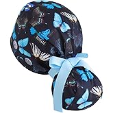 Scrub Caps Women Ponytail – Midnight Butterfly Double-Sided Printed Surgical Hat with Buttons and Sweatband, Soft Nurse Cap for Long Hair, Helps Reduce Static Buildup
