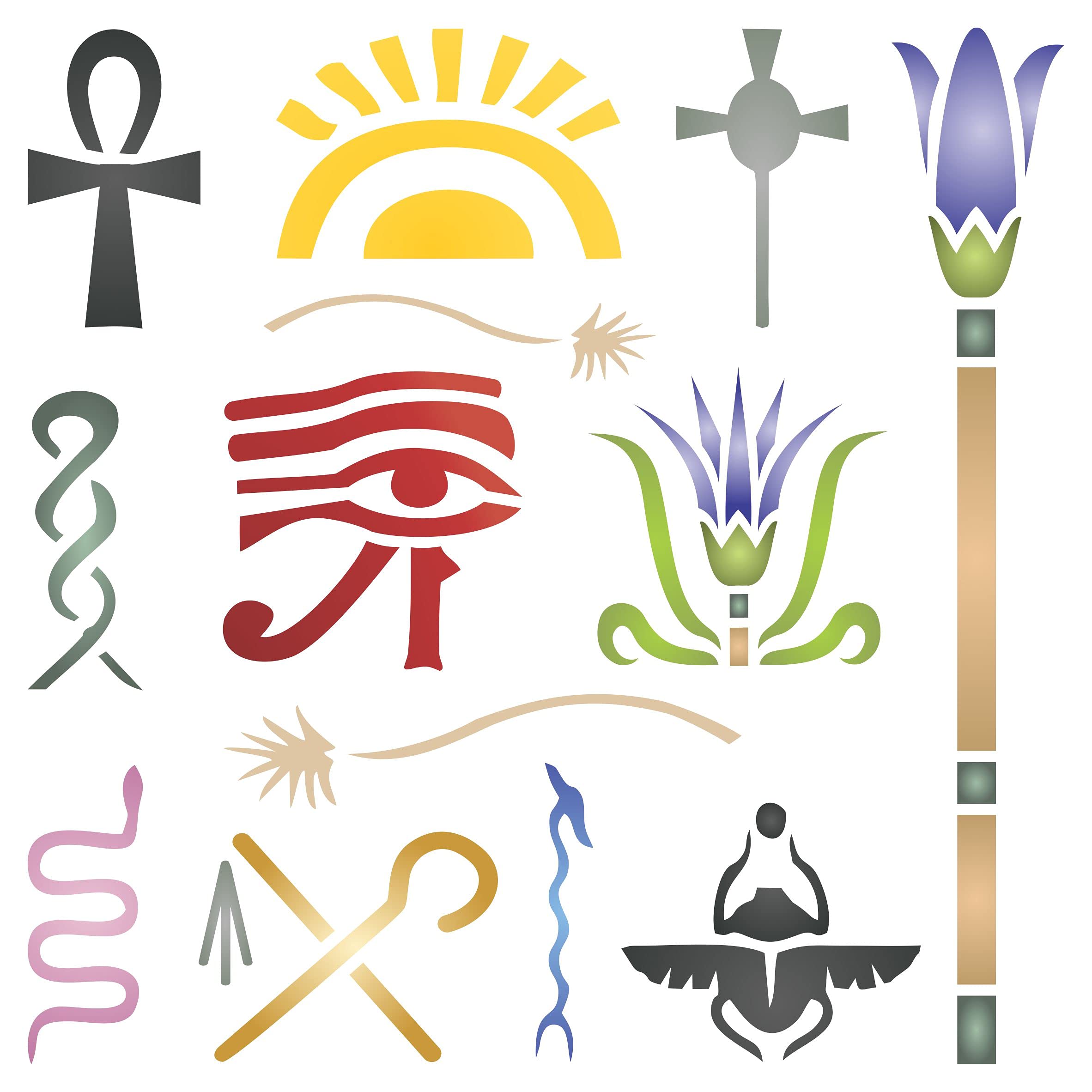 Egyptian Symbols Stencil, 16.5 x 16.5 cm (M) - Classic Egypt Symbol Hyroglyphics Stencils for Painting Template