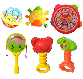 HALO NATION 6 Pcs Baby Rattle - Baby Concert - 4 Cute Rattle, 1 Tambourine, 1 Trumpt - Early Educational Toys for 3, 6, 9, 12 Month Baby Infant, Newborn