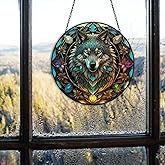HOTIYOK Jungle Wolf Window Hangings Acrylic Wild Animal Stained Glass Panels Wall Decor for Indoor, Ideal Housewarming Gift Home Decor for Mom Grandma Wife Teacher