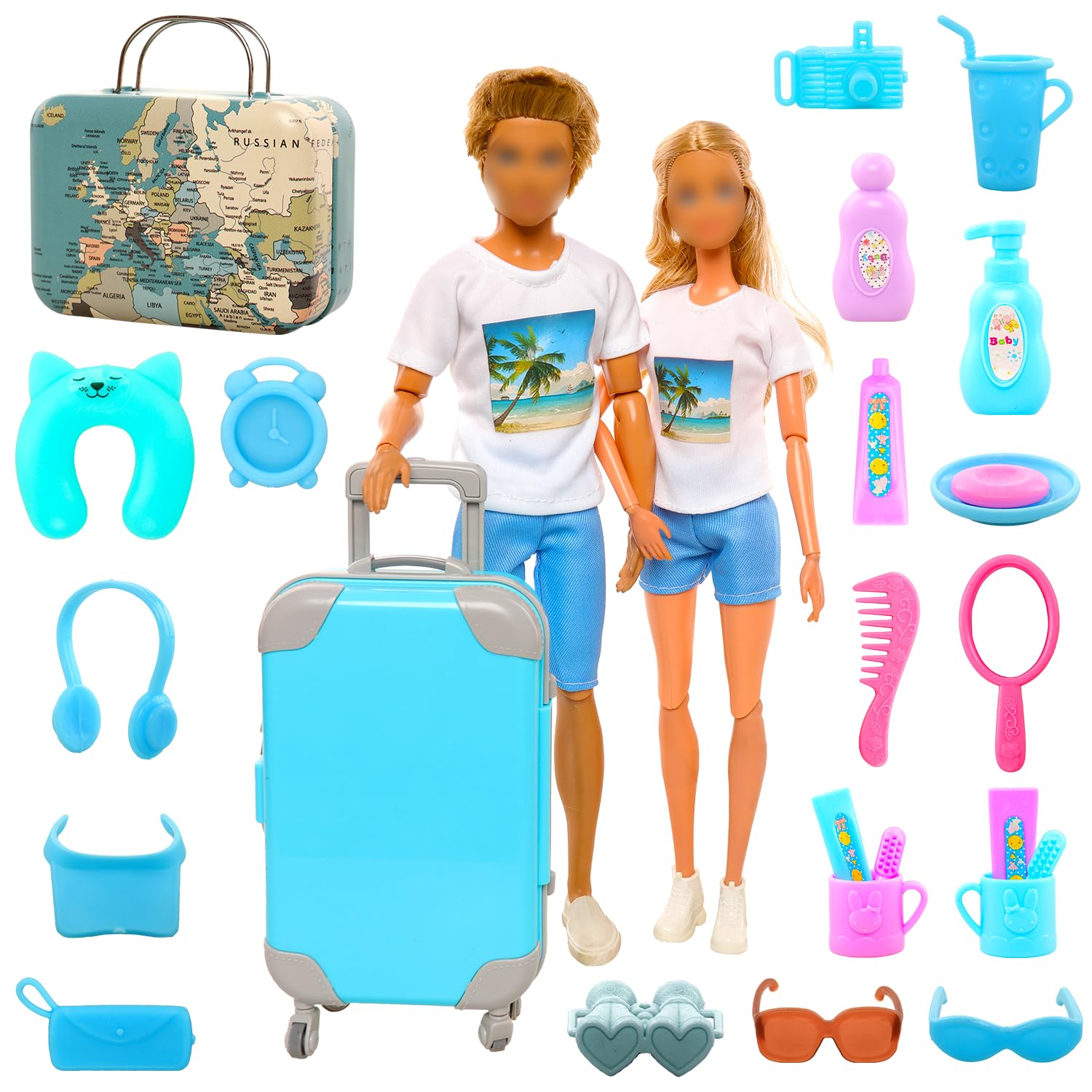 Miunana 29pcs Doll Travel Clothes and Accessories Blue Trunk Suitcase 2 Girl Clothes 1 Boy Doll Clothes 8 Life Accessories 12 Wash Accessories Telescope Sunglasses