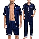 SWOMOG Mens 3pcs Pajamas Set Silk Satin Short Sleeve Sleepwear Button Down Pjs Classic Loungewear Nightwear