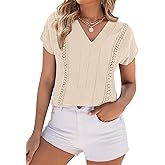 PRETTYGARDEN Blouses for Women Dressy Casual Spring 2026 Cap Sleeve V Neck Lace Trim Boho Tops Work Shirts Summer Clothes