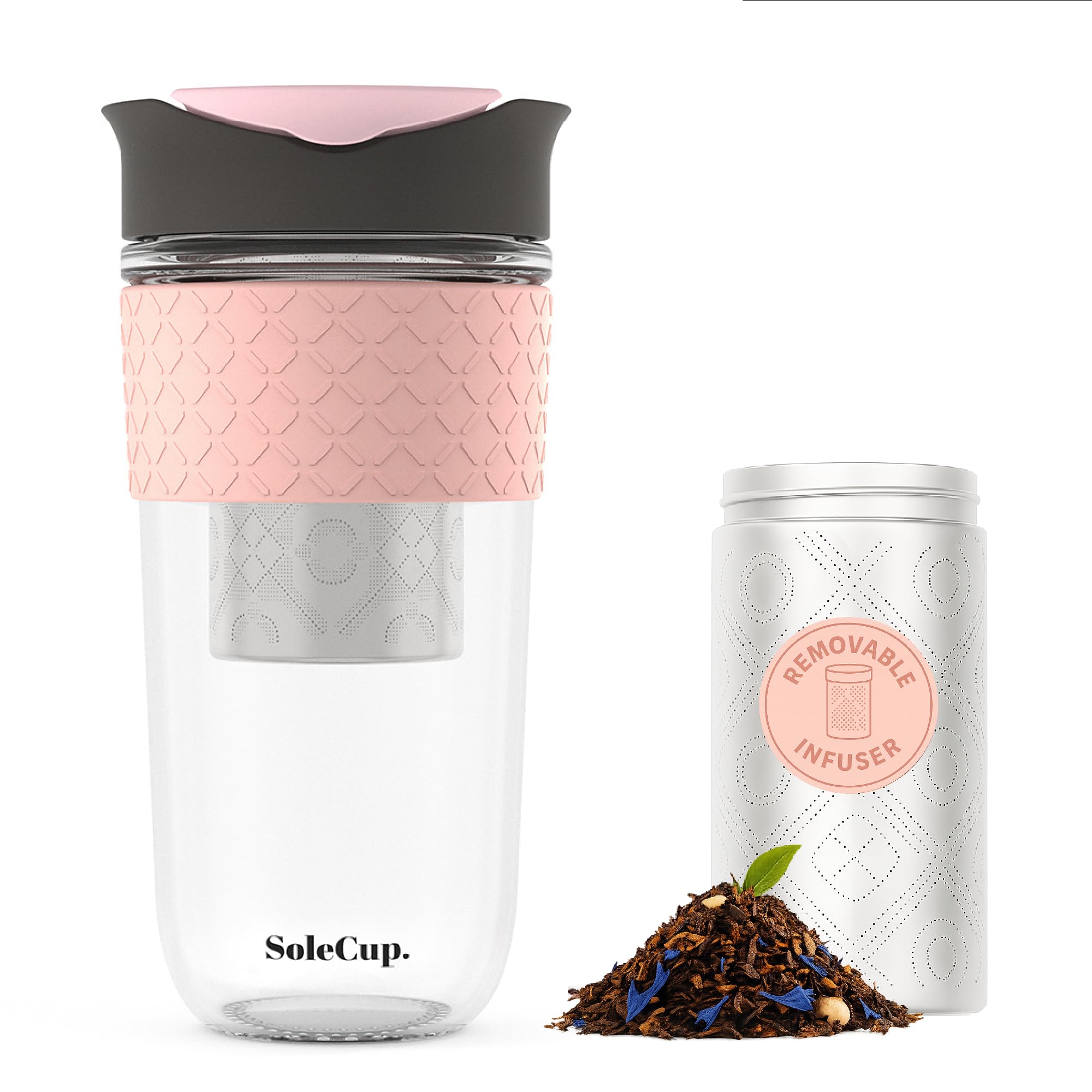 SoleCup. Large Travel Mug Loose Tea Infuser - Detachable Tea Strainer with Spill Proof Lid - 18oz/530ml BPA-Free Reusable Glass Travel Coffee Cup with Silicone Band (Grey and Pink, 530ml / 18oz)