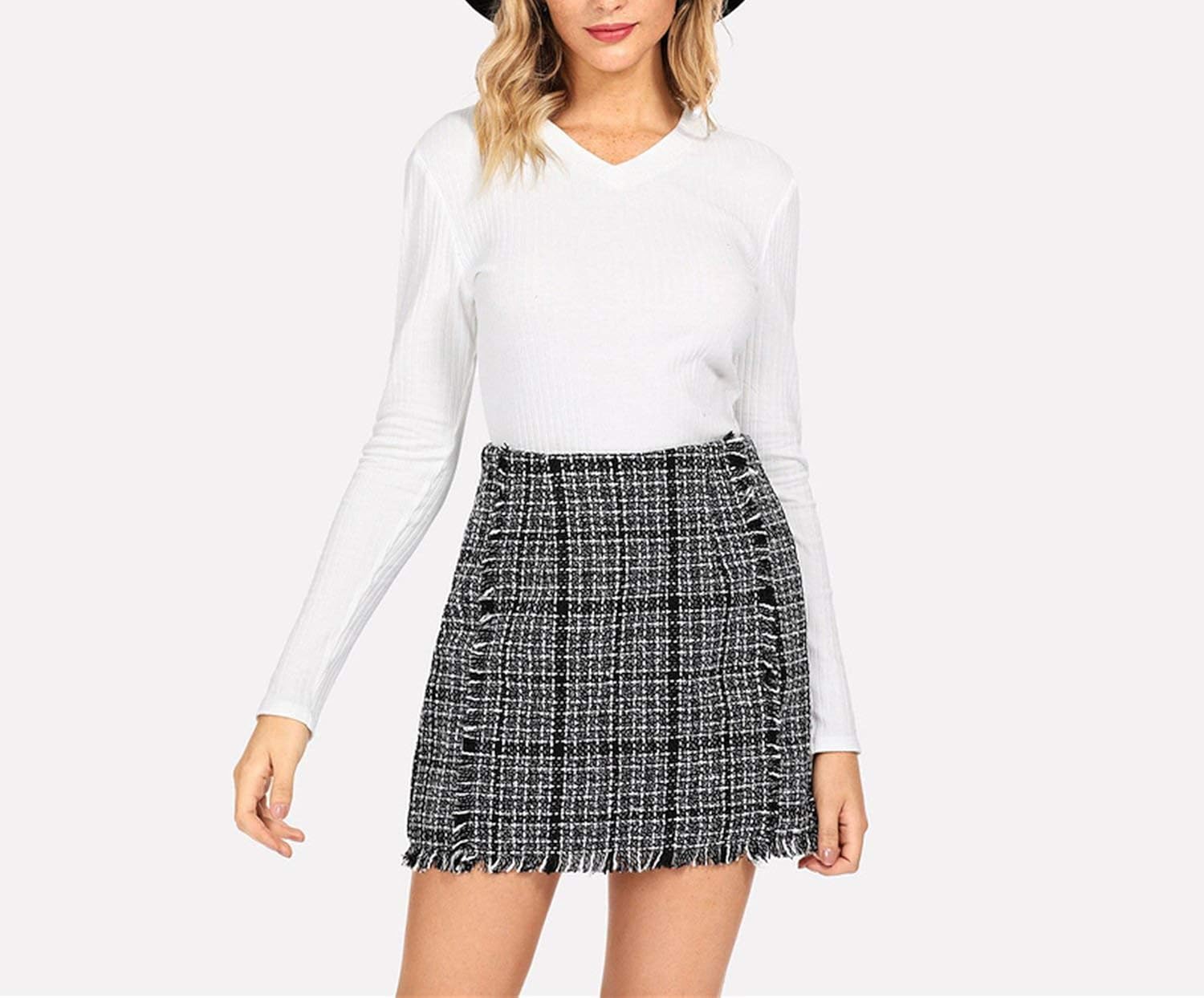 frayed trim plaid tweed skirt