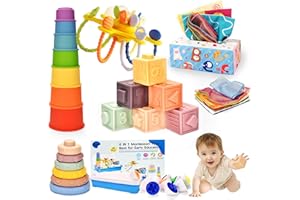 Montessori Baby Toy for 6 to12 Months,6 in 1 Montessori Sensory Toys for 1 Year Old,Baby Stacking Building Block Cups & Rings