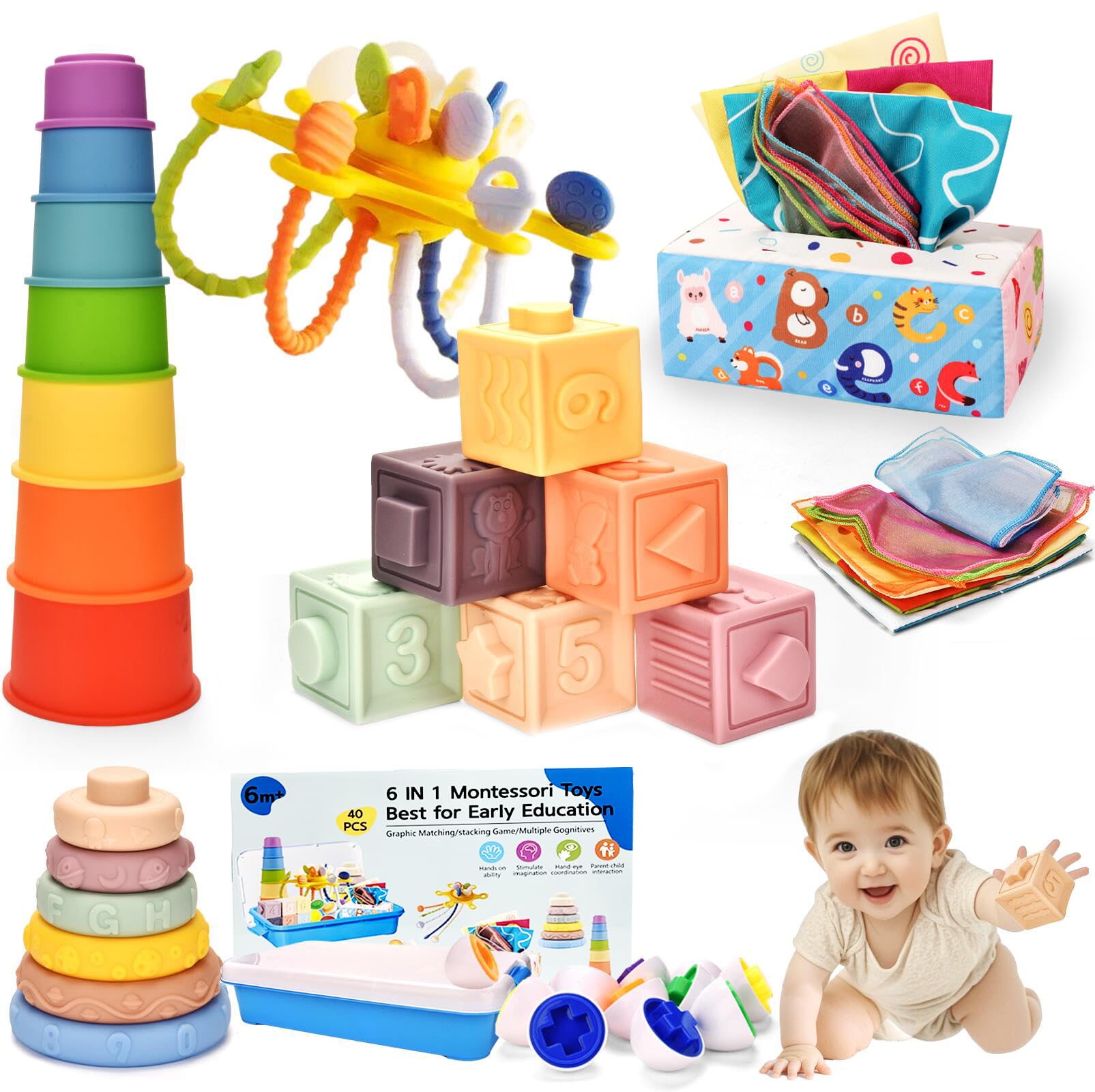 Baby Toys 6 to 12 Months,Montessori Toys for 1 Year Old,6 in 1 Sensory Toy for Babies 6-12 Months Pull String Teether Infants Stacking Blocks Rings Cups Tissue Box Toy for 6-9-12-18+ Months Baby Gift