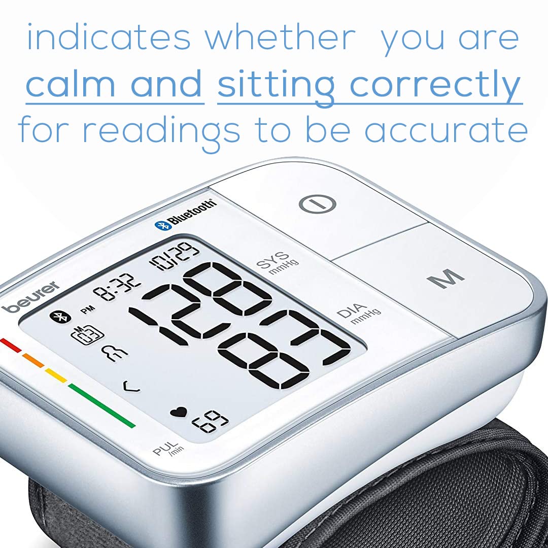 Beurer BC57 Wrist Blood Pressure Monitor – Automatic Wrist Blood Pressure Cuff - Bluetooth – 120 Memory Spaces with Irregular Heart Rate Detection, Large Display, Resting Indicator, Storage Case