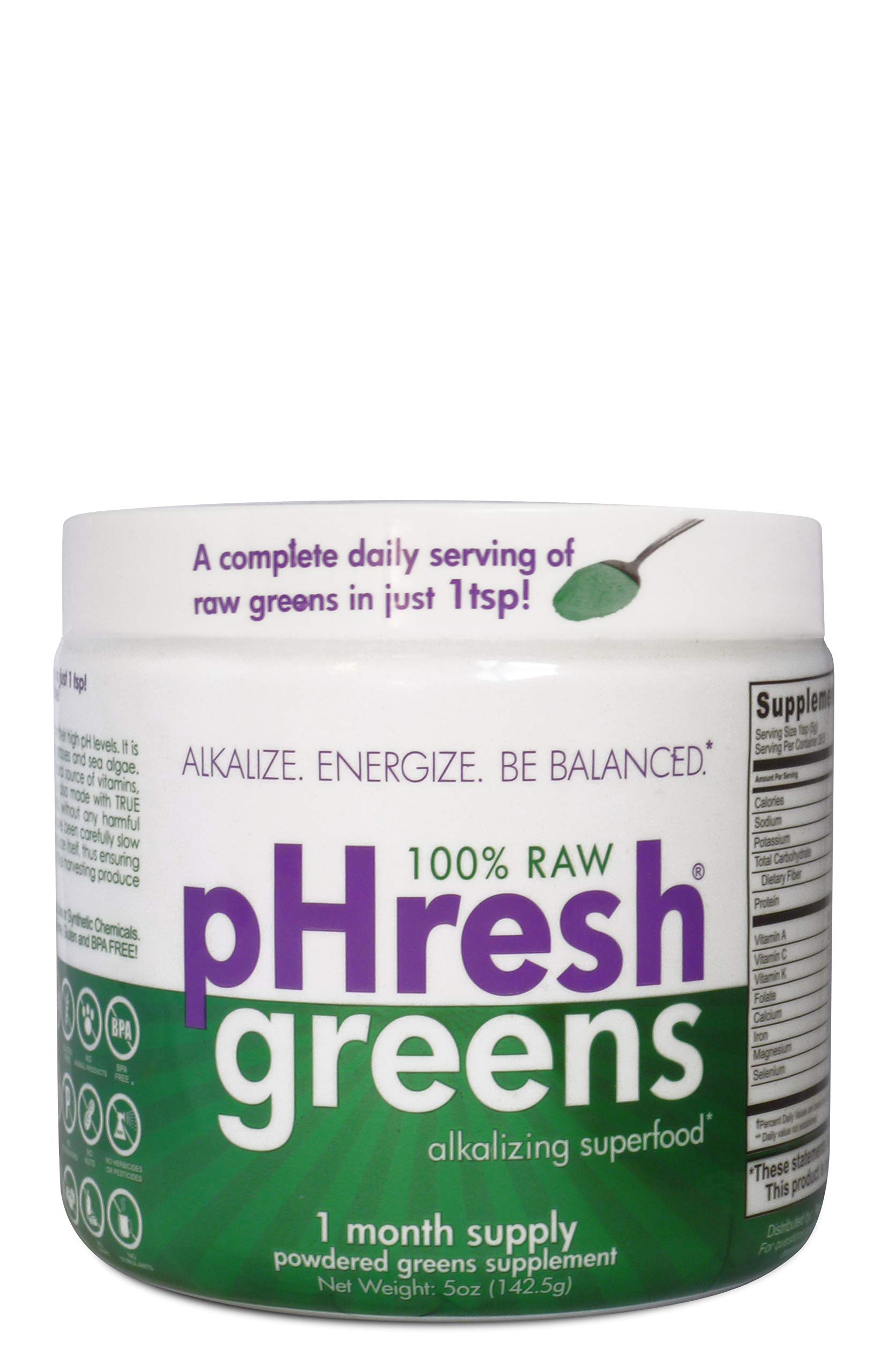 pHresh greens Organic Raw Alkalizing Superfood Greens Powder - 1 Month Supply | Gluten-Free | Natural Enzymes | Raw Nutrients | Great for Intermittent Fasting 5oz