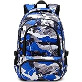 BLUEFAIRY Kids Backpack for Boys Elementary Book Bags Primary Middle School Bookbags for Childs Water Resistant Back to School Gifts Son Mochila Escolares para Niños Aged 8-10 17 Inch Camo Blue