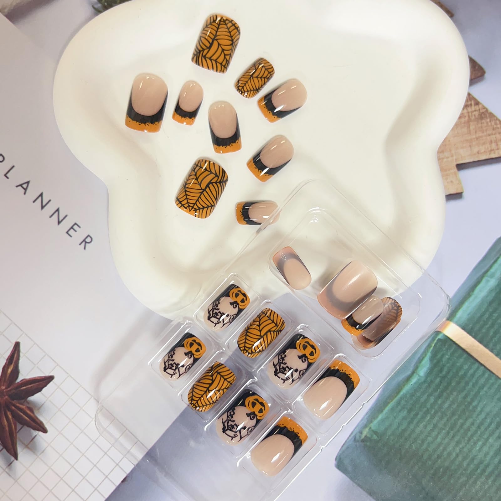 OHWODA Halloween Medium Fake Nails Square Press on Nails Black Spider Web Glue on Nails Halloween Pumpkin Nails Press ons Orange French Halloween Press on Nails for Women DIY Manicure Decorations - Image 5