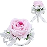 Vkkperp 2Pcs Light Pink Rose Corsage and Boutonniere Set, Artificial Wrist Corsage Wristlet Bracelets, Men Boutonniere for Wedding Party Ceremony Homecoming Flowers Accessories Prom Decorations