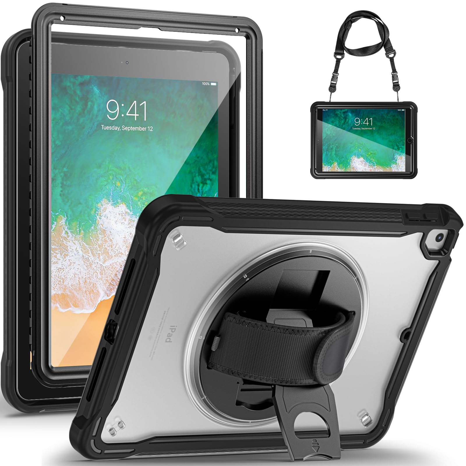 Gerutek for iPad 6th/5th Generation Cases With Screen Protector, iPad Pro 9.7 Case, iPad Air 2 Case Shockproof with [360° Stand][Hand & Shoulder Strap][Pencil Holder] Case for iPad 9.7, Black/Clear — image 1