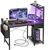 Grandder Gaming Desk 47 Inch with Power Outlet and LED Light, Computer Desk with Reversible Shelves and Storage Drawer, Pc Small Desk for Home Office Table with Bag, Carbon Fiber Black