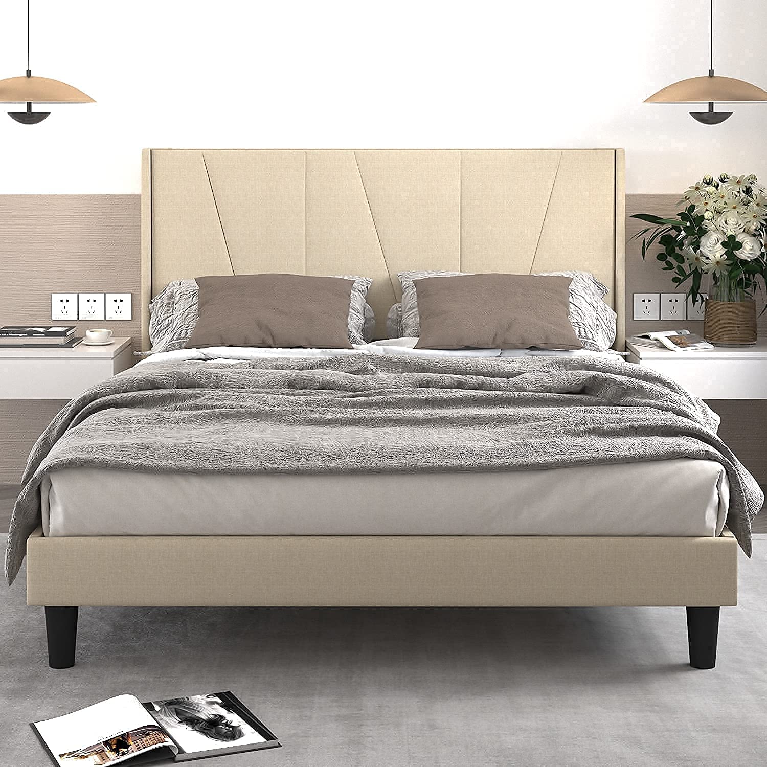 Full Size Upholstered Platform Bed Frame with Geometric Wingback Headboard/Wood Slat Support/No Box Spring Needed/Mattress Foundation/Easy Assembly,Light Beige
