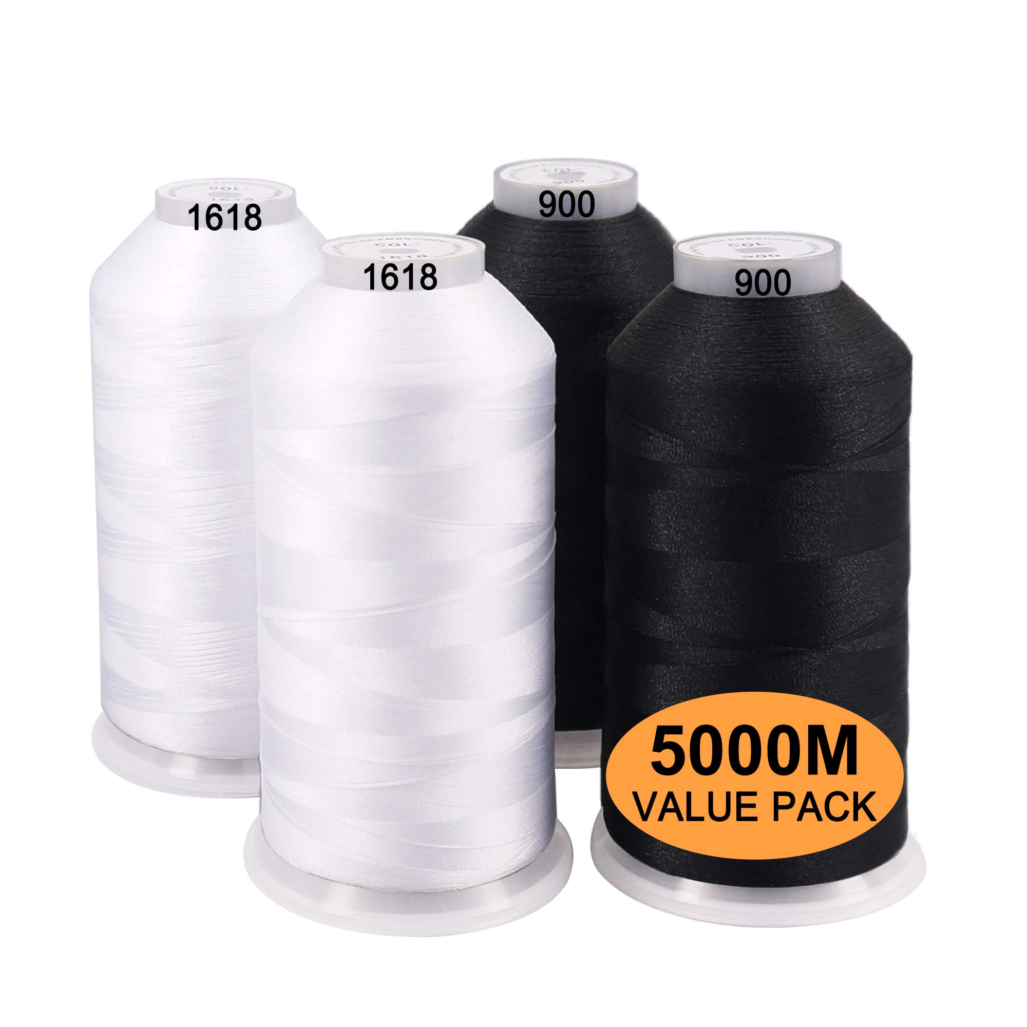 New brothread Set of 4 (2xWhite + 2xBlack) Polyester Machine Embroidery Thread Huge Spool 5000M for All Embroidery MachinesOEKO-TEX STANDARD 100