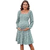 BeautyNee Floral Print Maternity Dress Short Puff Sleeve Square Neck Ruffle Hem Casual Swing Pregnancy Dresses